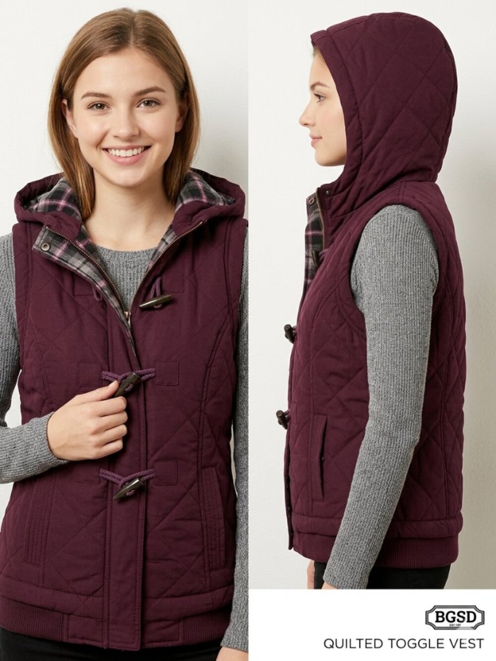 BGSD Maroon Quilted Hooded Toggle Vest Flannel Plaid Flannel Lining - Size Small